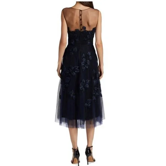 Carolina Herrera Navy Beaded And Appliqued Tulle Mid Length Dress
